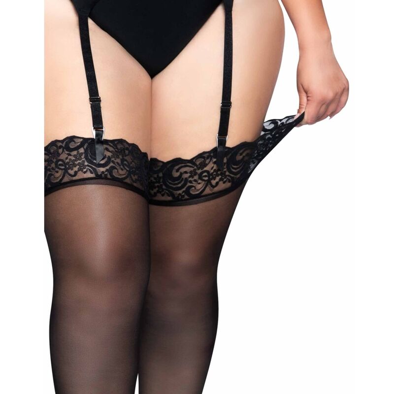 Bas Autofixants Nylon Noir Dentelle Top Plus - Leg Avenue