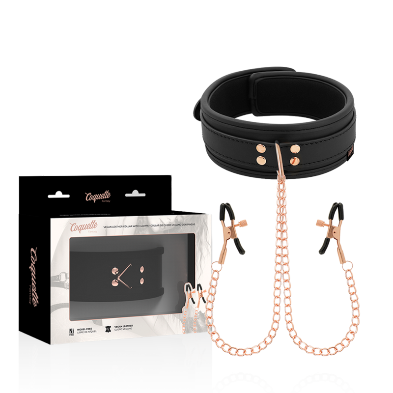 Collier Cuir Vegan avec Pinces Tétons Chaîne - Coquette Fantasy