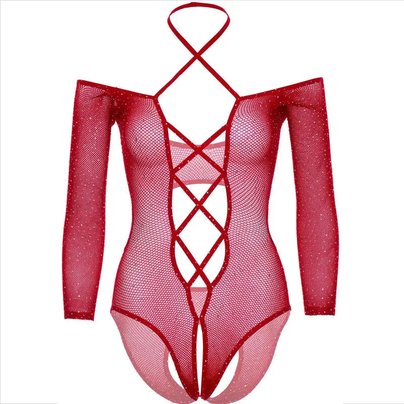 Body Résille Ouvert Strass Rouge Brillant - Leg Avenue