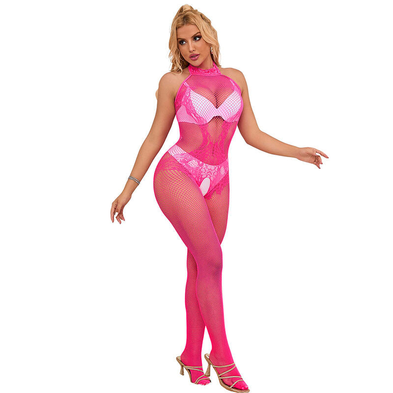 Bodystocking Dentelle Col Montant Rose Taille Unique - Subblime