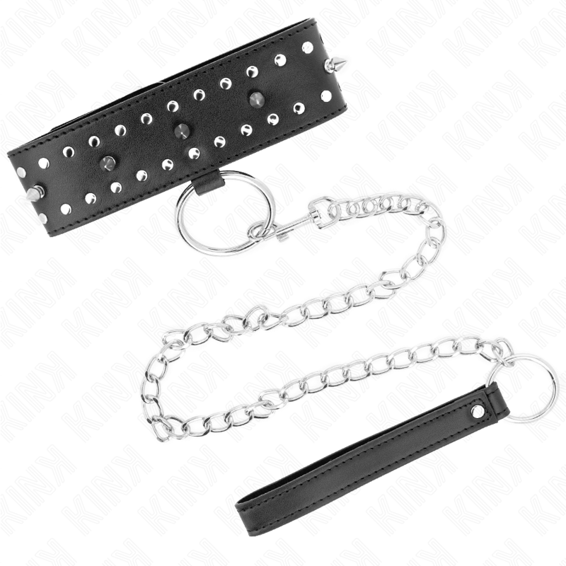Collier avec Laisse BDSM Cuir Clous Argentés 65cm - KINK - KINK COLLAR & GAG
