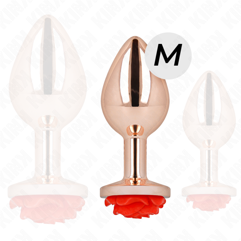 Plug anal en métal or rose avec ornement rose rouge taille M - Kink - KINK PLEASURE PLUGS