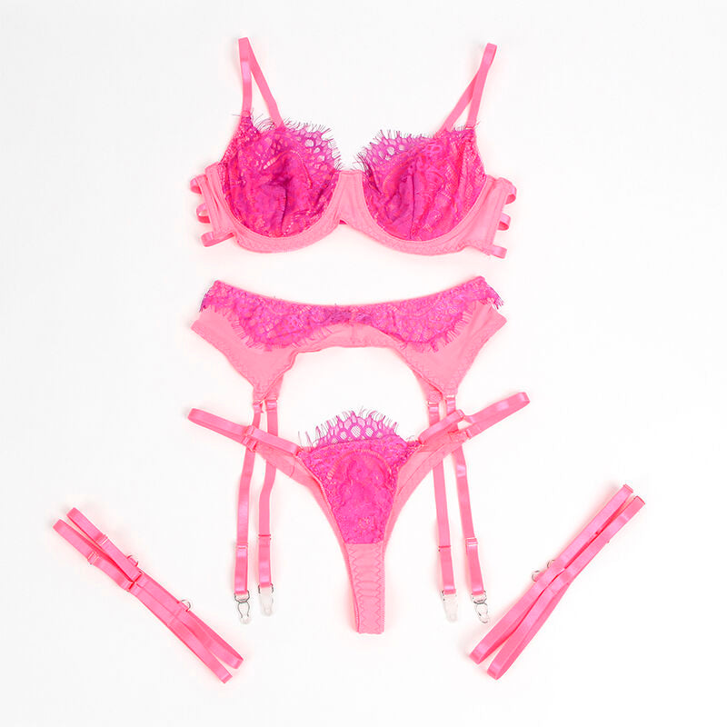Ensemble lingerie dentelle et jarretelles rose/violet L/XL - Subblime - SUBBLIME SETS