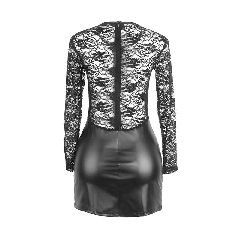 Robe à manches longues dentelle et cuir synthétique noire S/M - Subblime - SUBBLIME DRESSES