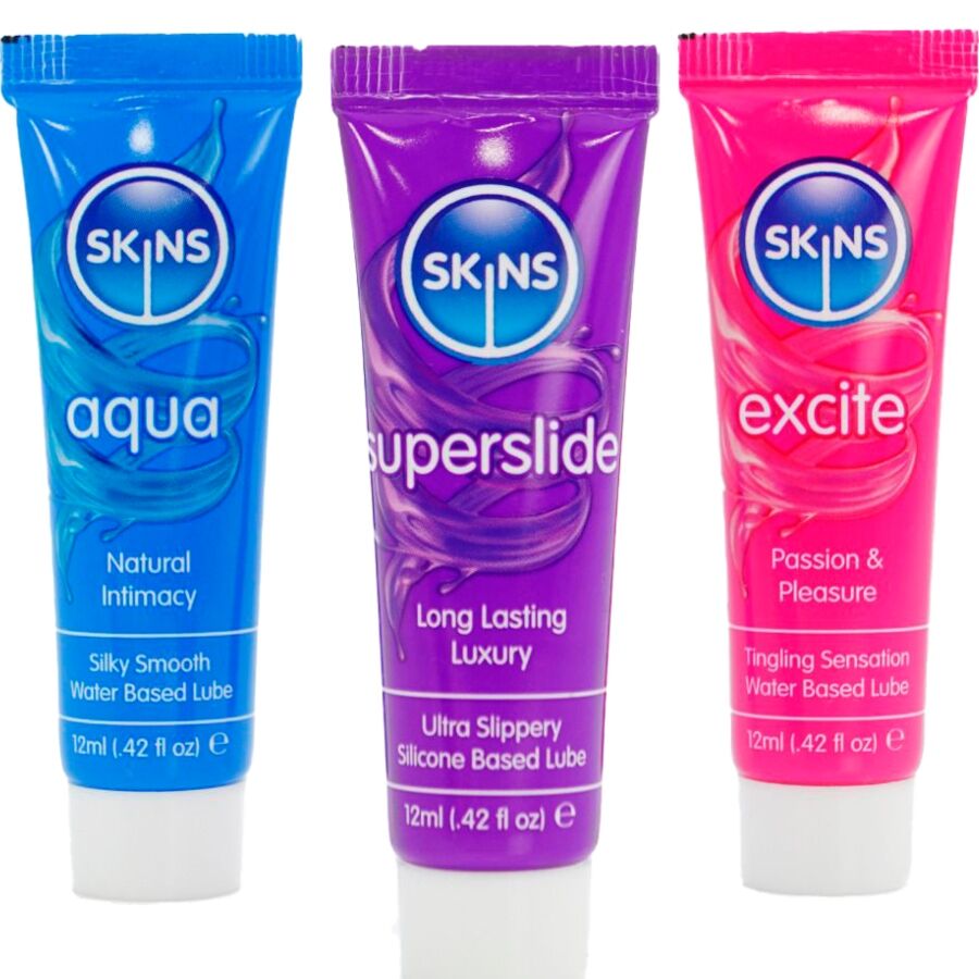 KIT DE LUBRIFIANTS VITAL POUR LA PEAU - AQUA, SUPERSLIDE ET EXCITE (3 x 12 ml) - SKINS