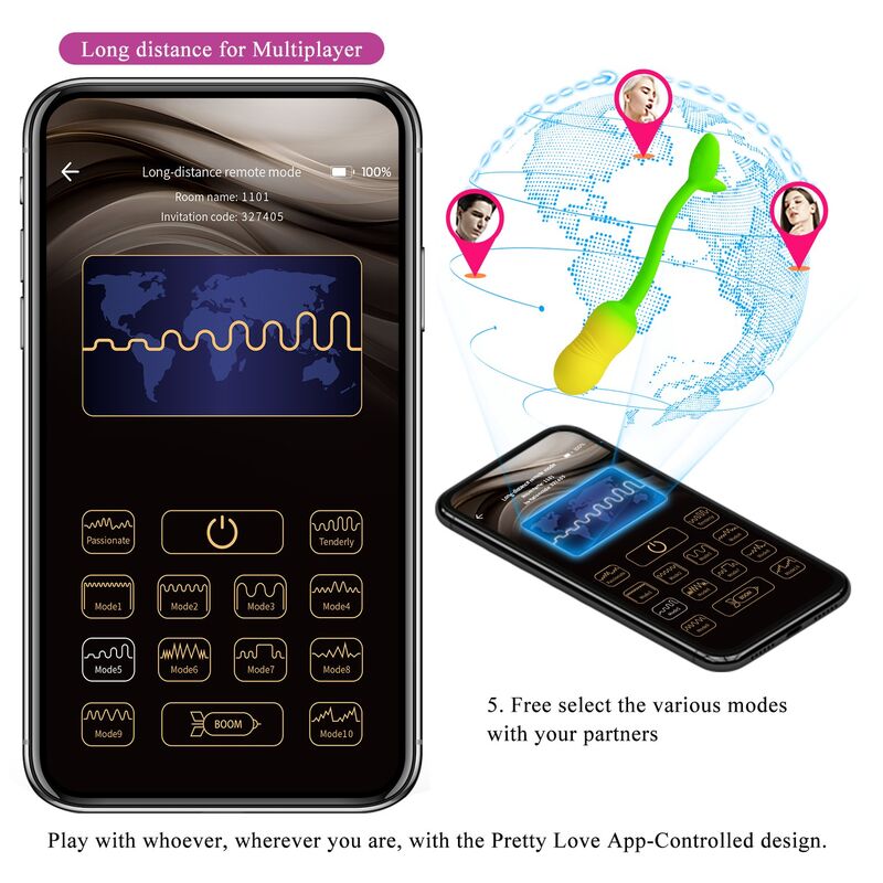 PRETTY LOVE - Å'UF VIBRANT CONTRÔLABLE PAR APPLICATION PULSEN 12 FONCTIONS RECHARGEABLE PAR USB VERT-JAUNE