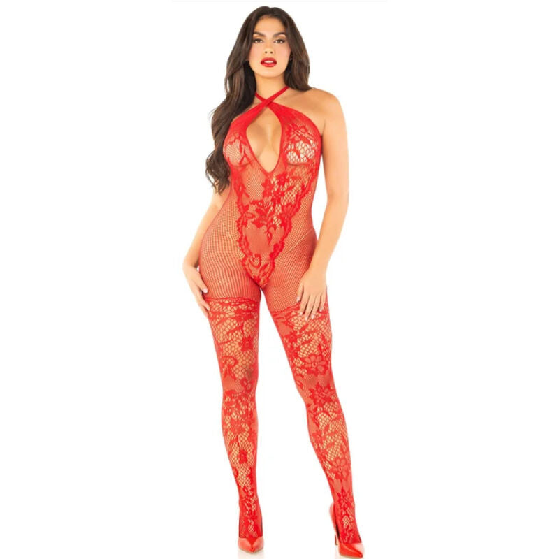 LEG AVENUE - COMBINAISON EN RÉSILLE À COL CROISÉ ROUGE ONE SIZE