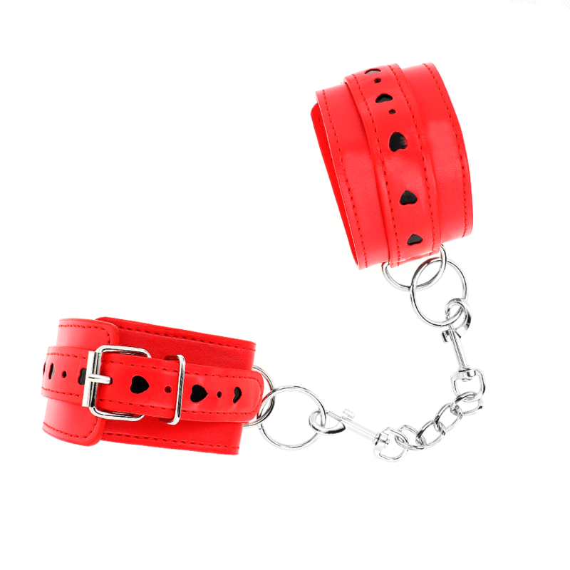 Bracelets Poignets Cuir Rouge Coeur Noir 21-28cm - KINK - KINK WRIST RESTRAINT