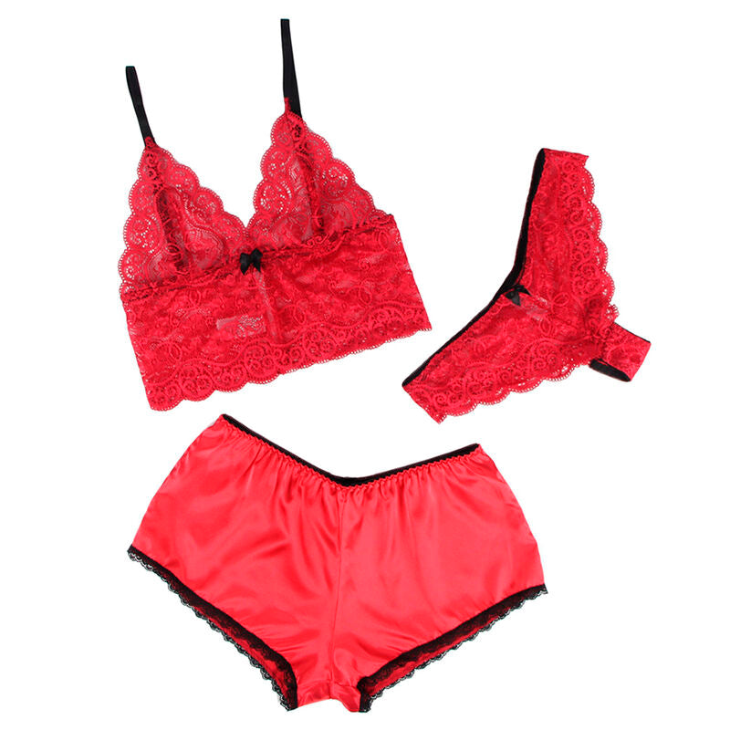 Chemisier de nuit en soie et dentelle + culotte rouge L/XL - Subblime
