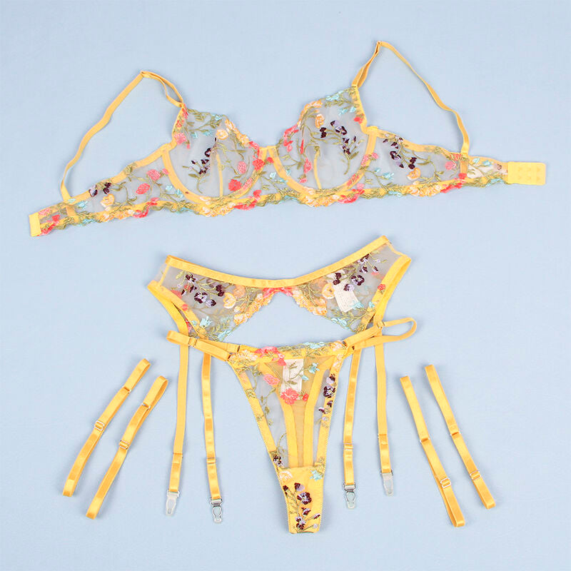 Ensemble lingerie floral jaune soutien-gorge string porte-jarretelles S/M - Subblime