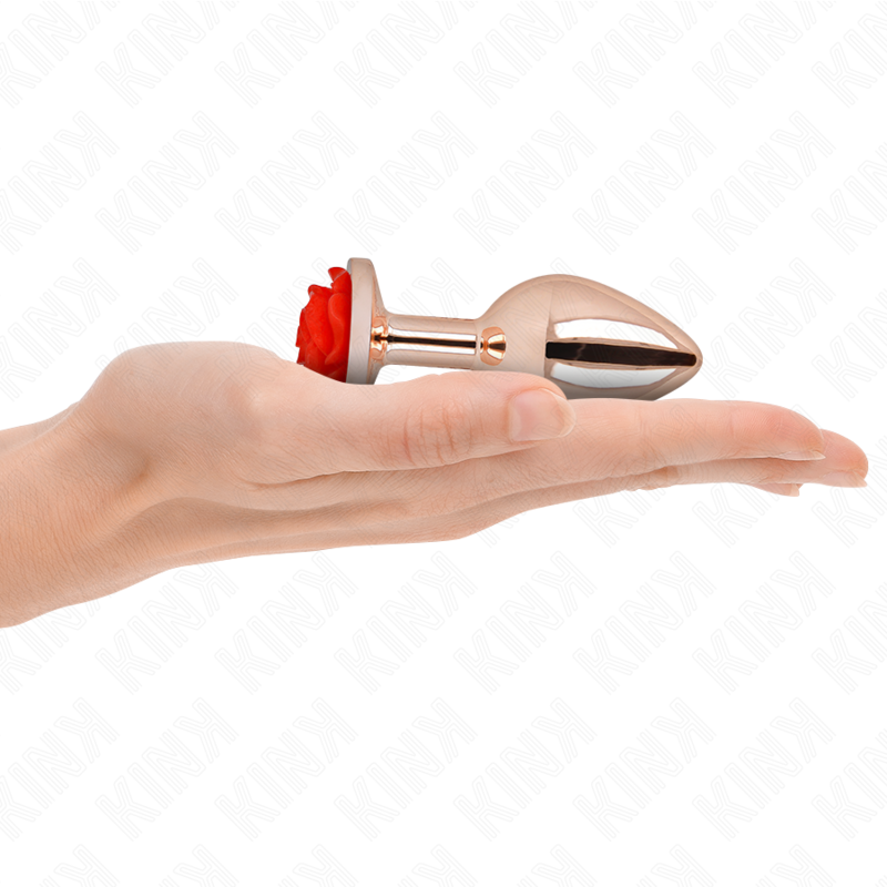 Plug anal en métal or rose avec ornement rose rouge taille M - Kink - KINK PLEASURE PLUGS