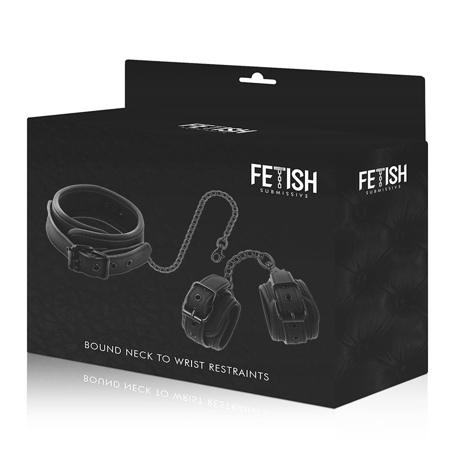 Fetish Submissive – Menottes en Cuir noir avec Collier de Cou BDSM