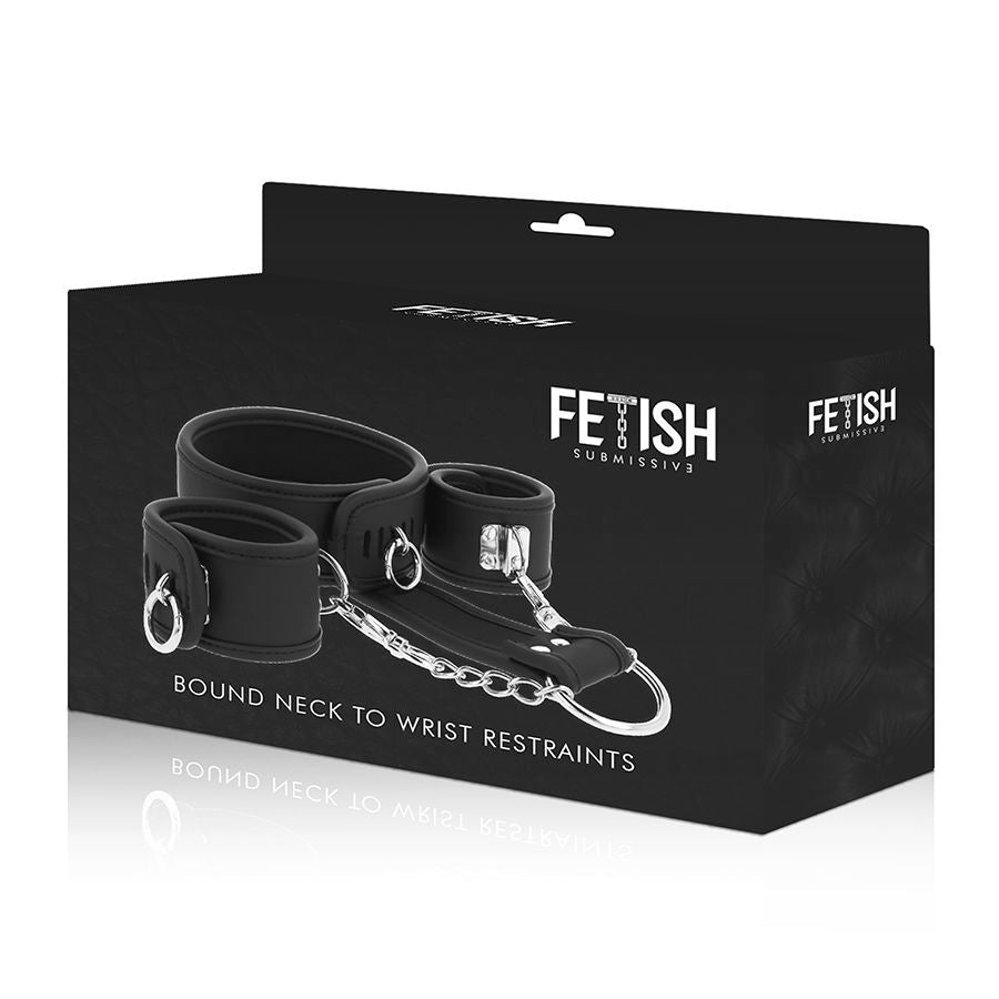 Fetish Submissive – Menottes BDSM en cuir noir avec Collier de Cou