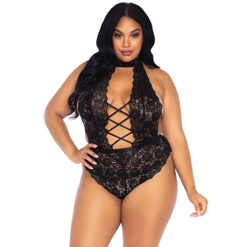 Teddy Crotchless Dentelle Florale Taille Plus Noir - Leg Avenue